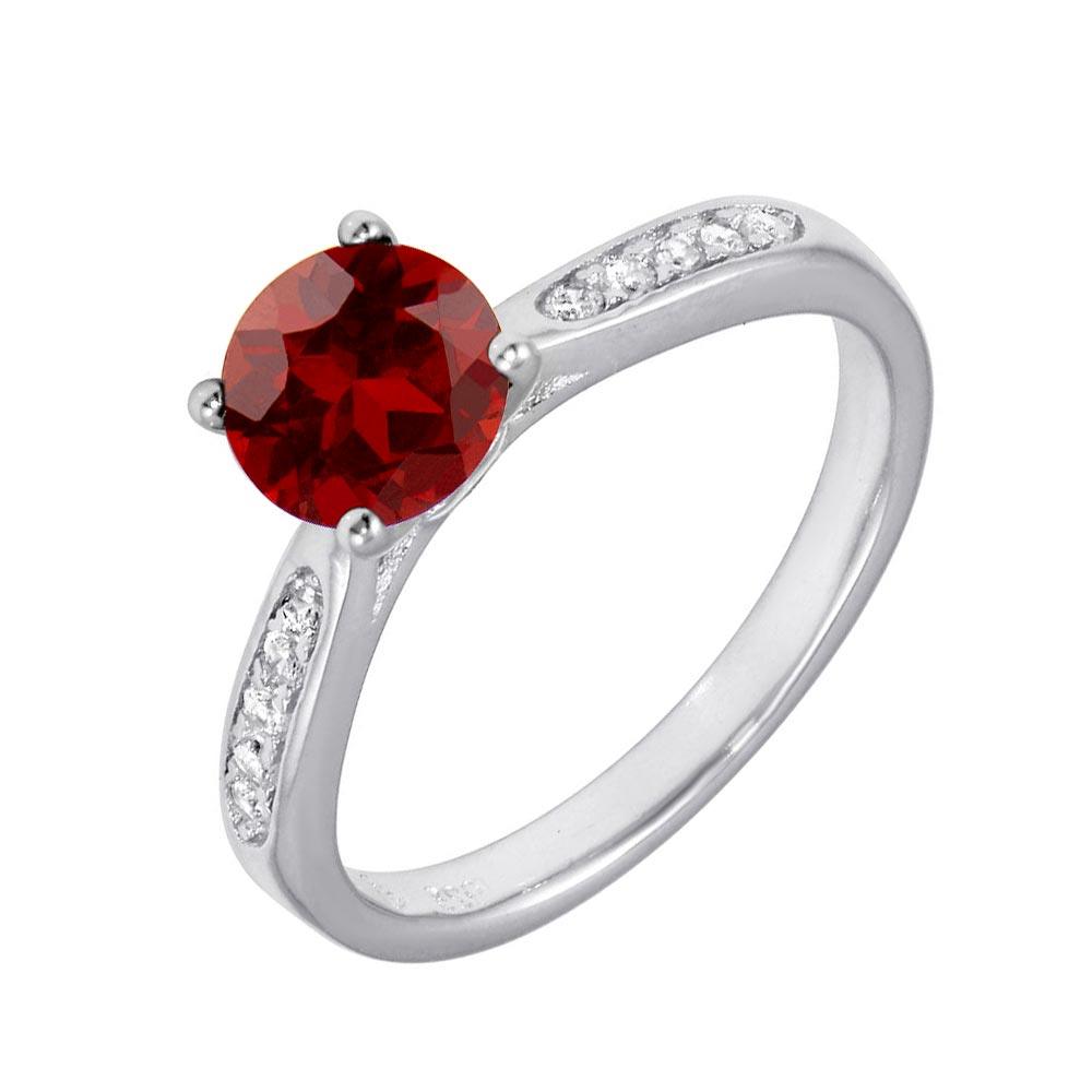 Rhodium Plated 925 Sterling Silver Round Red CZ Center Stone Ring - BGR01231RED