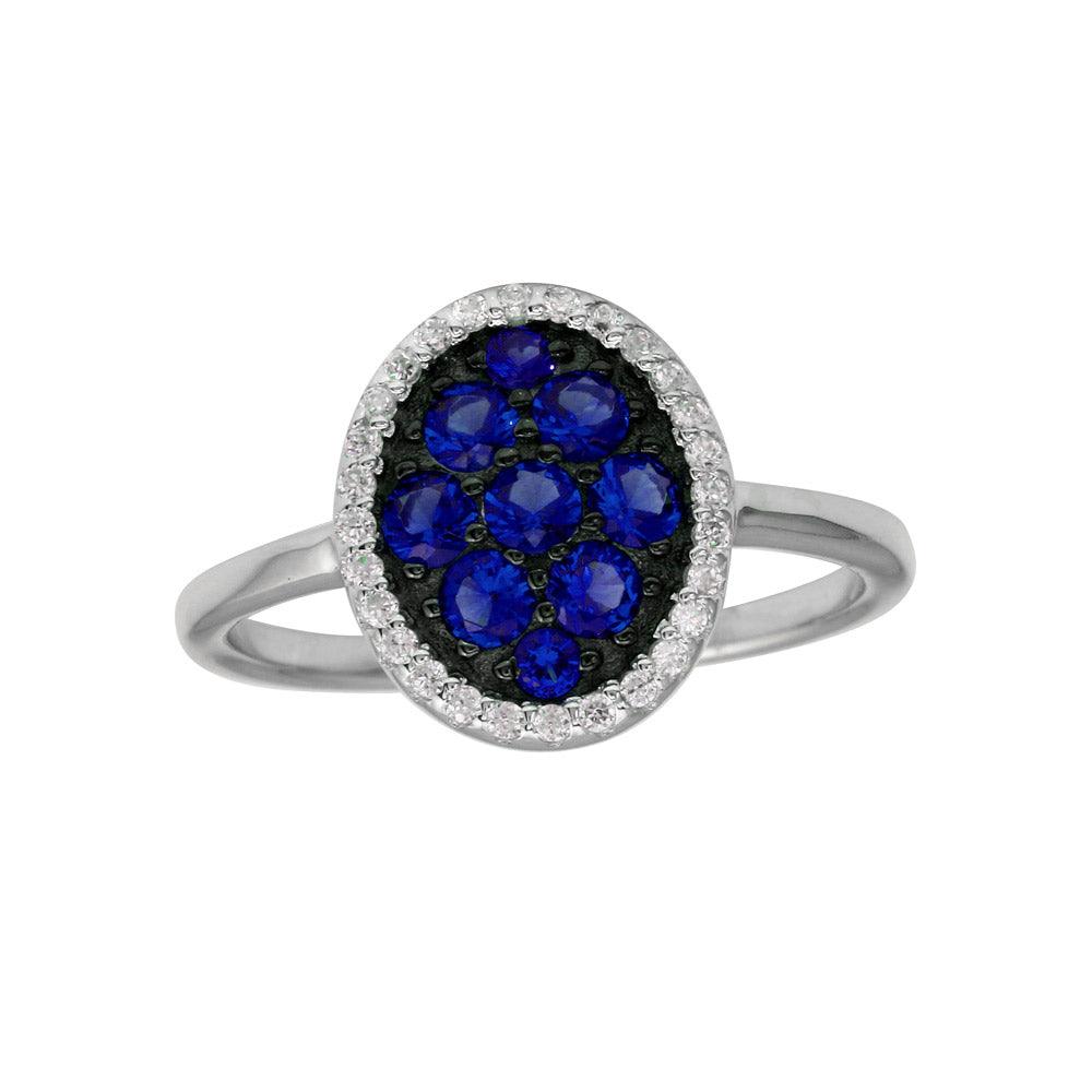 Rhodium Plated 925 Sterling Silver Oval Ring with Blue and Clear CZ - BGR01233BLU