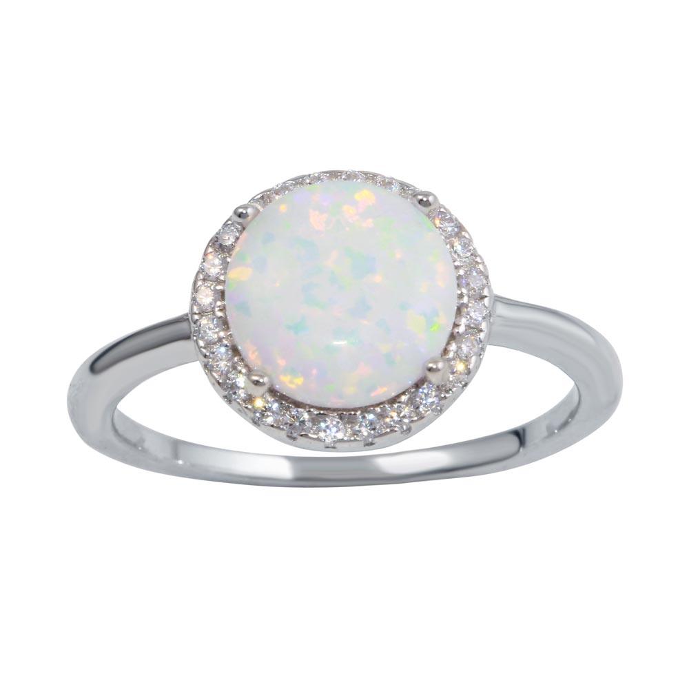 Rhodium Plated 925 Sterling Silver Round Opal Stone Ring with CZ - BGR01242