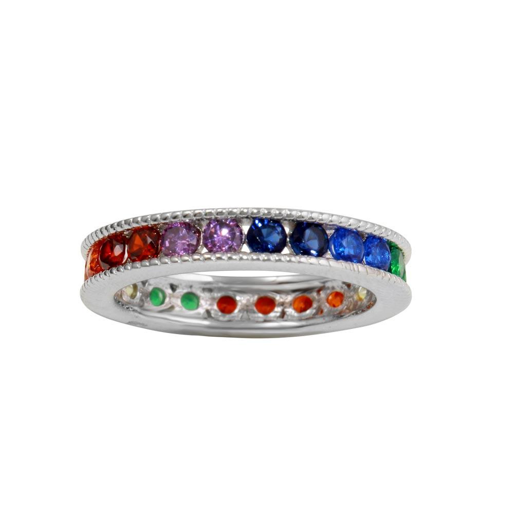 Rhodium Plated 925 Sterling Silver Rainbow CZ Eternity Ring - BGR01244