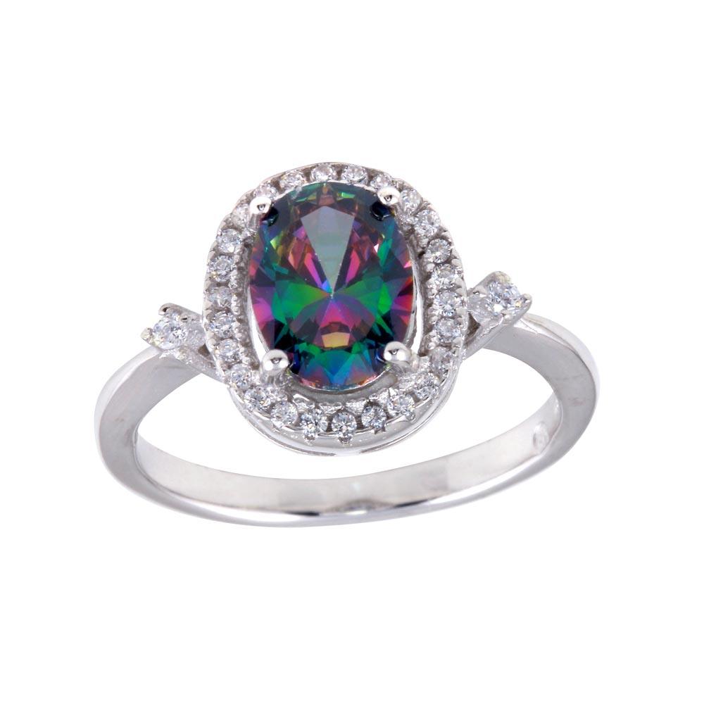 Rhodium Plated 925 Sterling Silver Oval Solitaire Synthetic Mystic Topaz CZ Ring - BGR01249