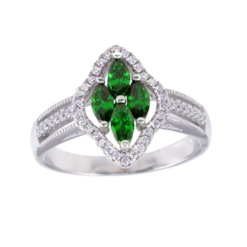 Rhodium Plated 925 Sterling Silver 4 Green Marquise Center CZ Ring - BGR01253GRN