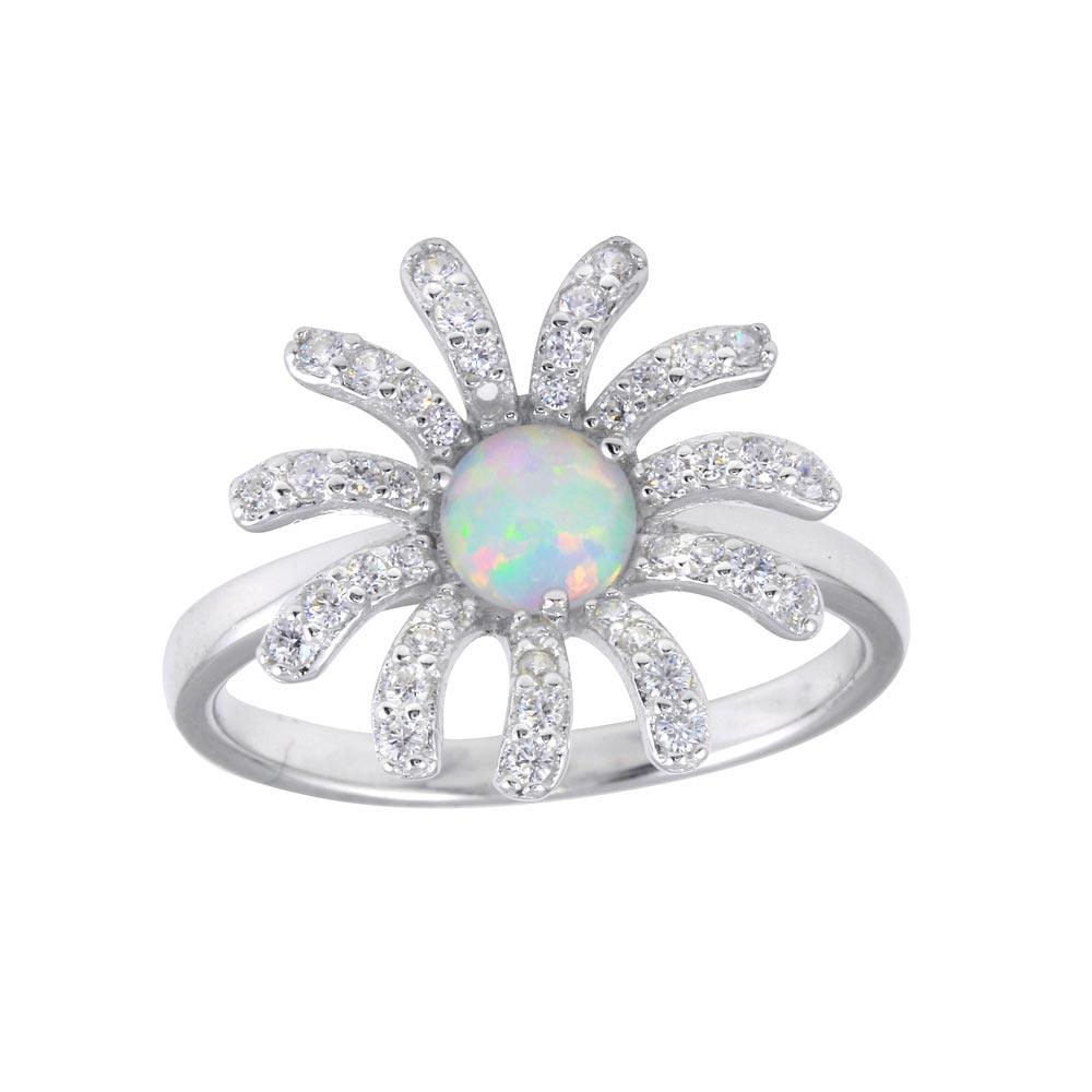 Rhodium Plated 925 Sterling Silver Flower Synthetic Opal Center CZ Ring - BGR01259