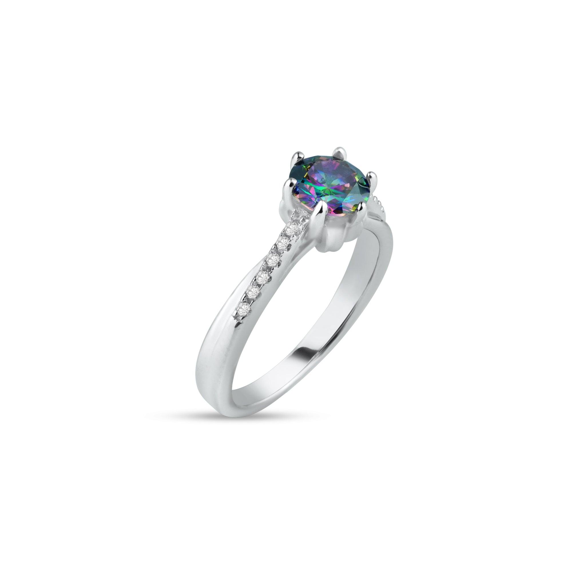 Rhodium Plated 925 Sterling Silver Round Mystic Topaz CZ Ring - BGR01264