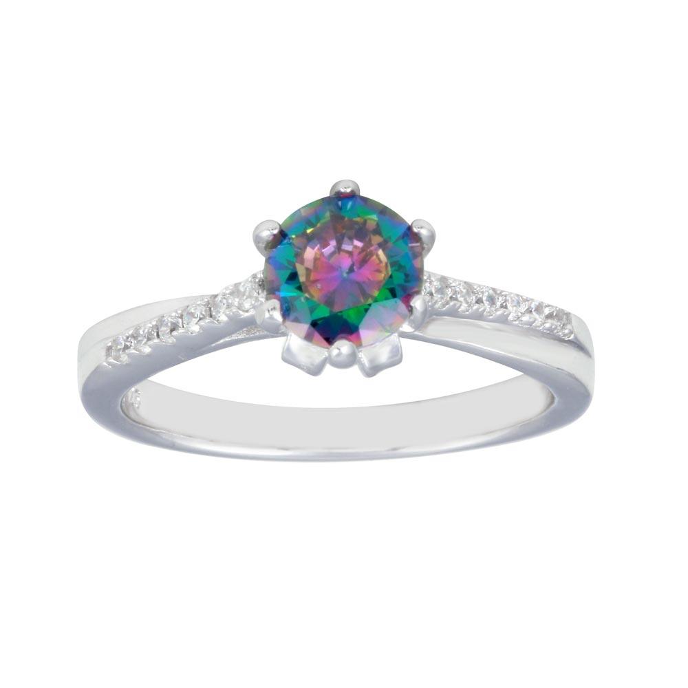 Rhodium Plated 925 Sterling Silver Round Mystic Topaz CZ Ring - BGR01264