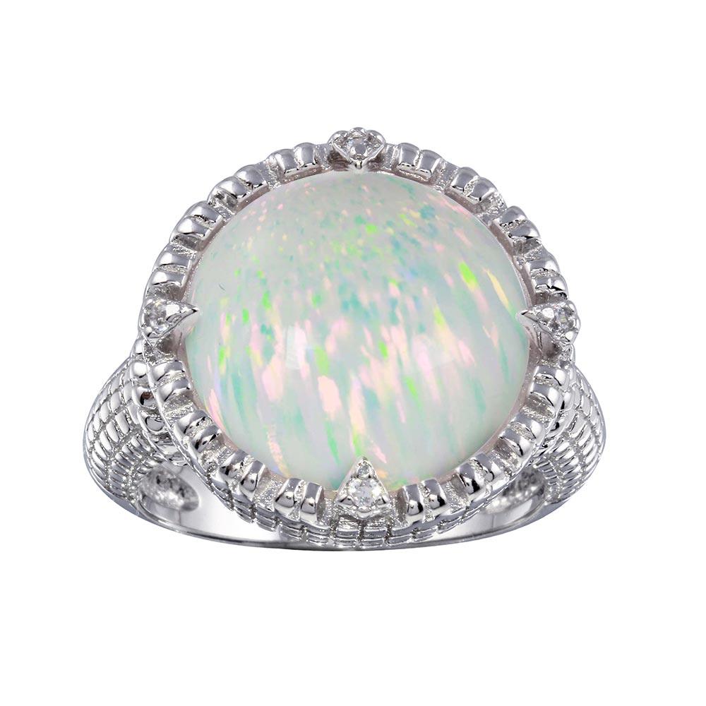 Rhodium Plated 925 Sterling Silver Round Opal Stone Ring with CZ - BGR01285