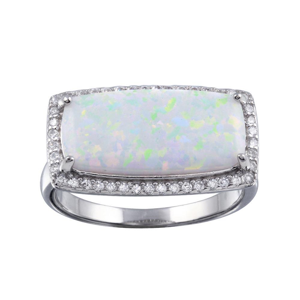 Rhodium Plated 925 Sterling Silver Rectangular Opal Stone Ring with CZ - BGR01286