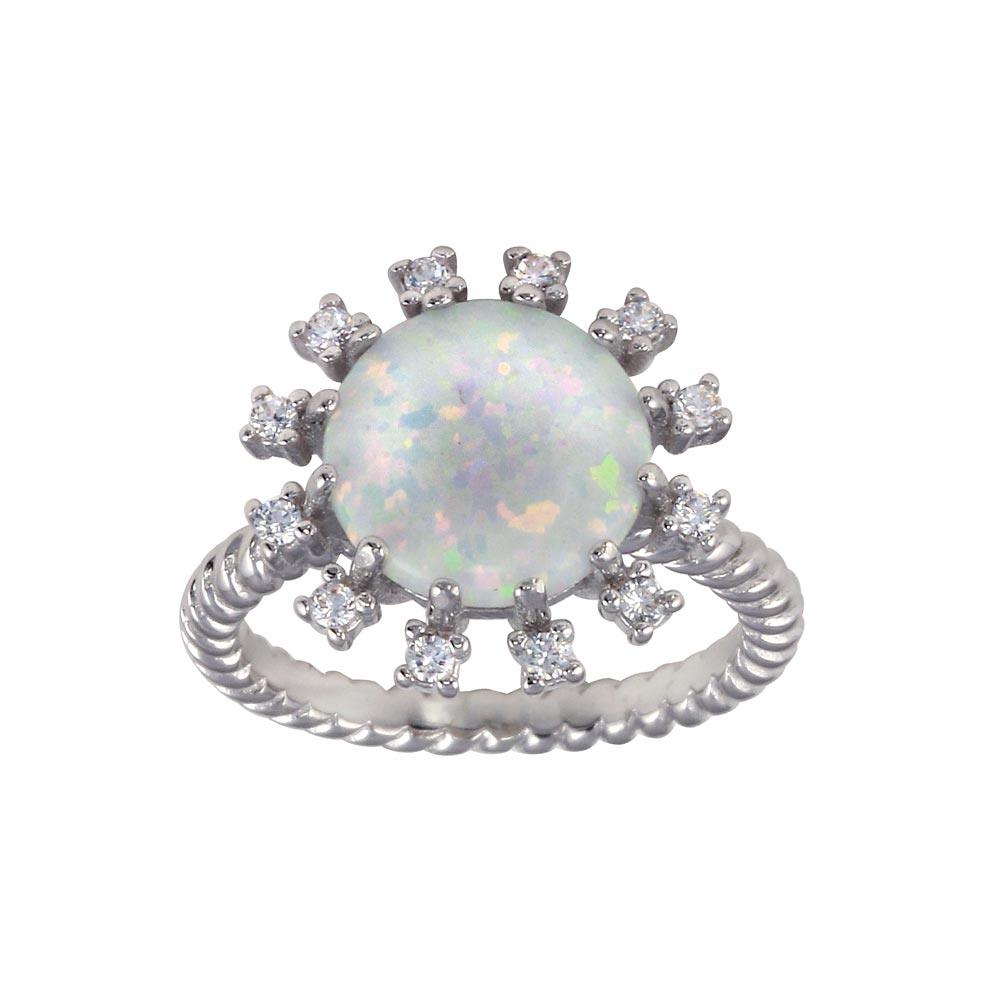 Rhodium Plated 925 Sterling Silver Round Flower Opal Stone Ring - BGR01297