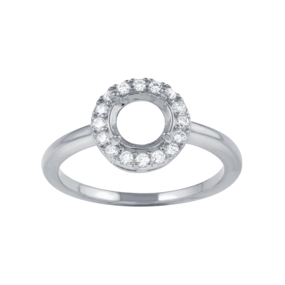 Rhodium Plated 925 Sterling Silver Clear CZ Round Mounting Ring - BGR01333