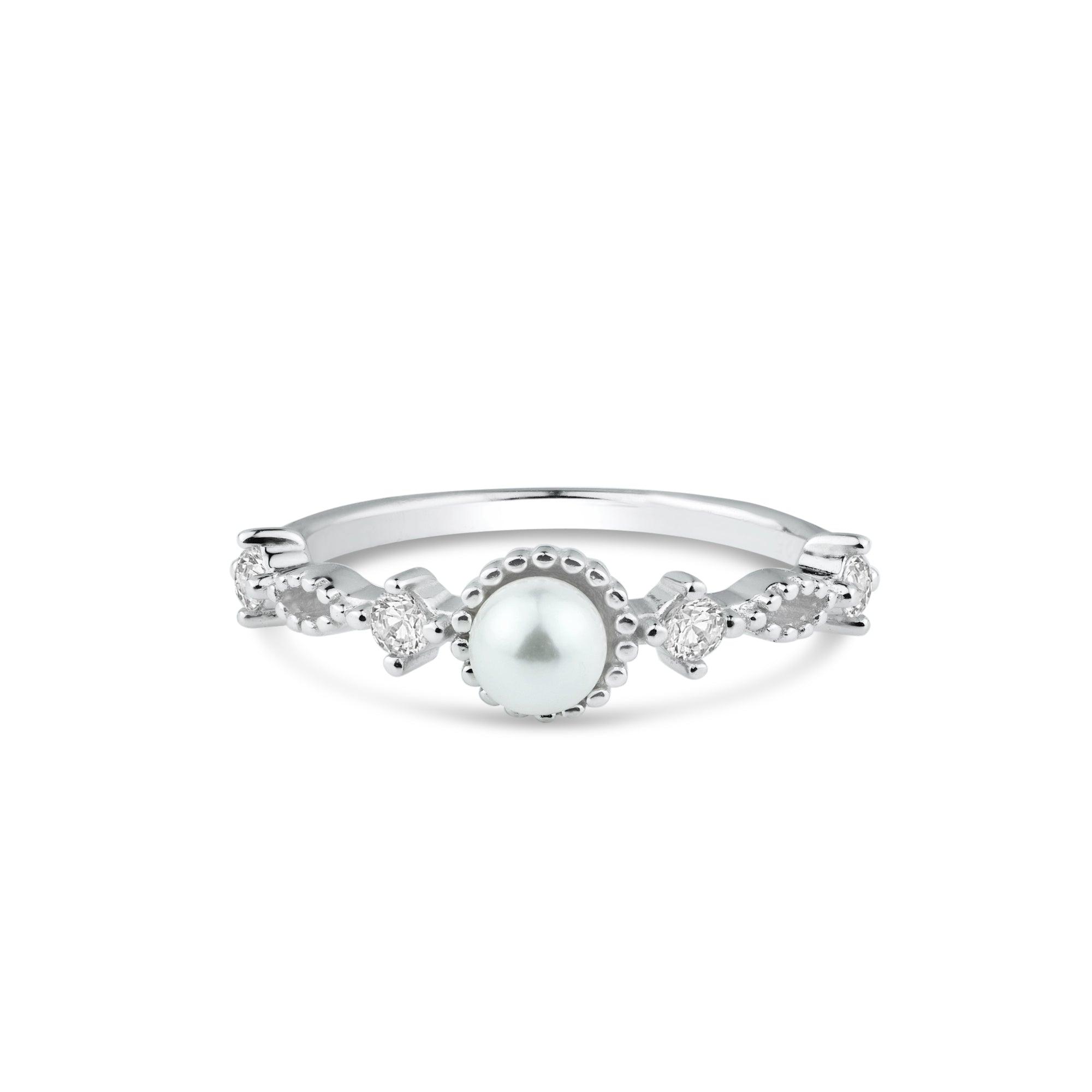 Rhodium Plated 925 Sterling Silver Synthetic Pearl Center Clear CZ Ring - BGR01357