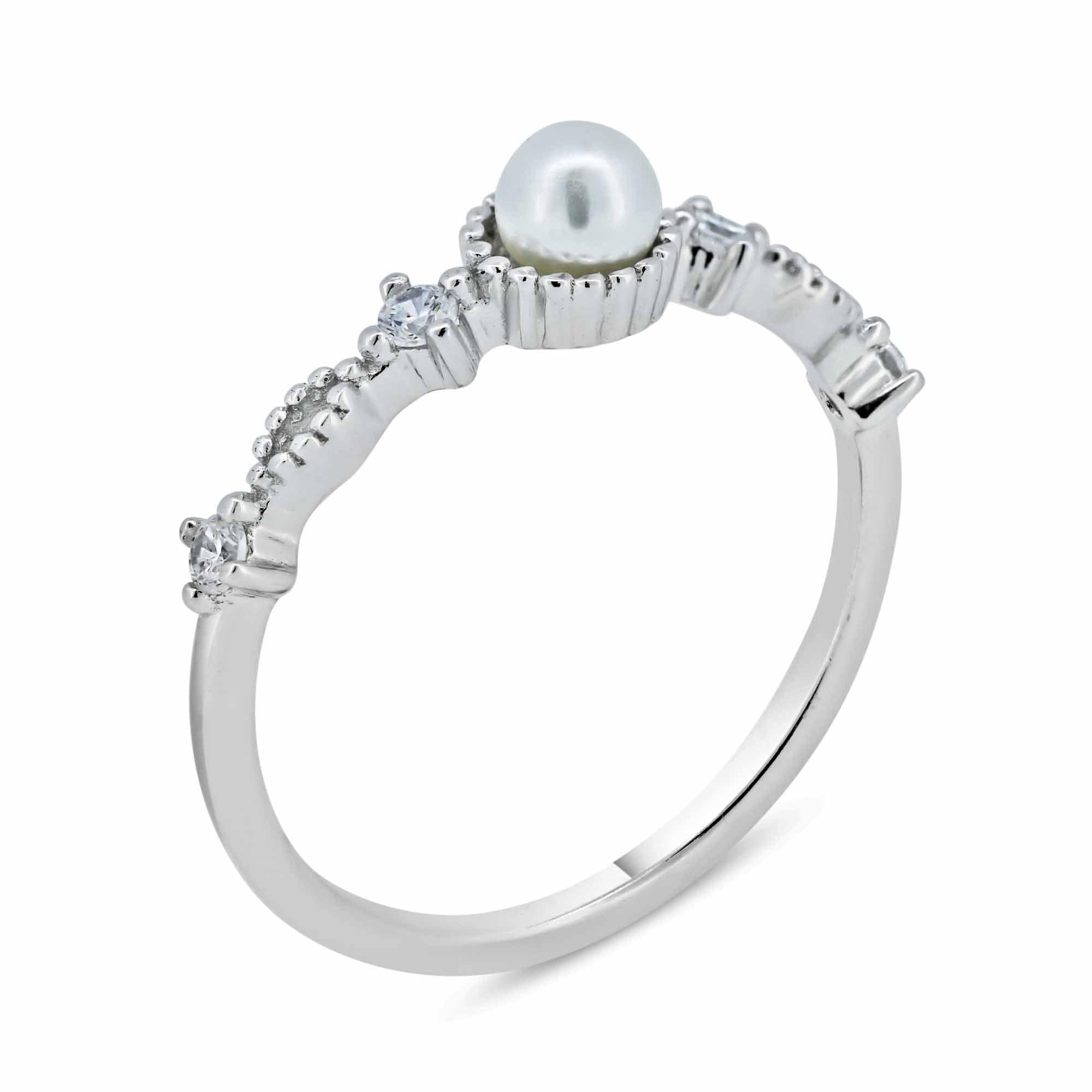 Rhodium Plated 925 Sterling Silver Synthetic Pearl Center Clear CZ Ring - BGR01357