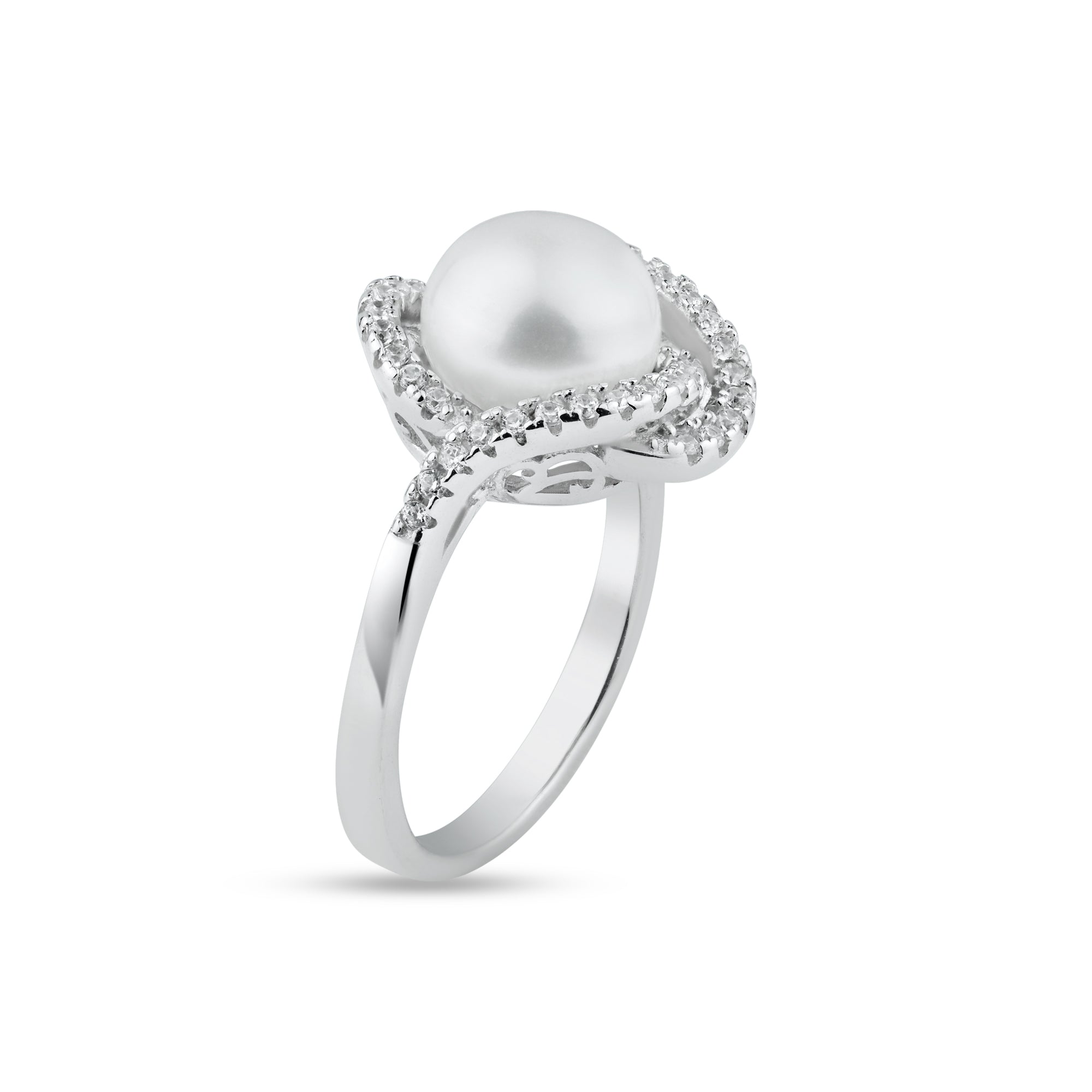 Rhodium Plated 925 Sterling Silver White Pearl and Clear CZ Ring - BGR01363