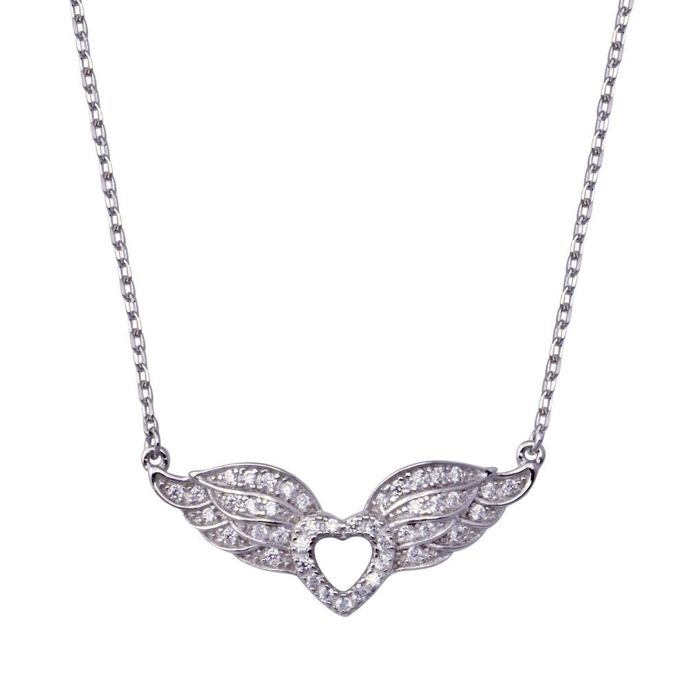 Rhodium Plated 925 Sterling Silver Heart Wings Adjustable Necklace - BGP01444