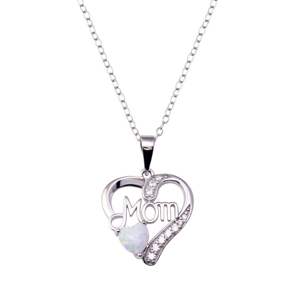 Rhodium Plated 925 Sterling Silver Mom Heart Opal Adjustable Necklace - BGP01445