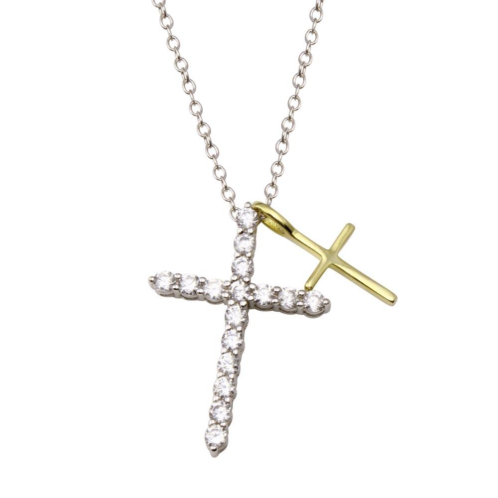 Rhodium and Gold Plated 925 Sterling Silver  Cross Clear CZ Adjustable Necklace - STP01835