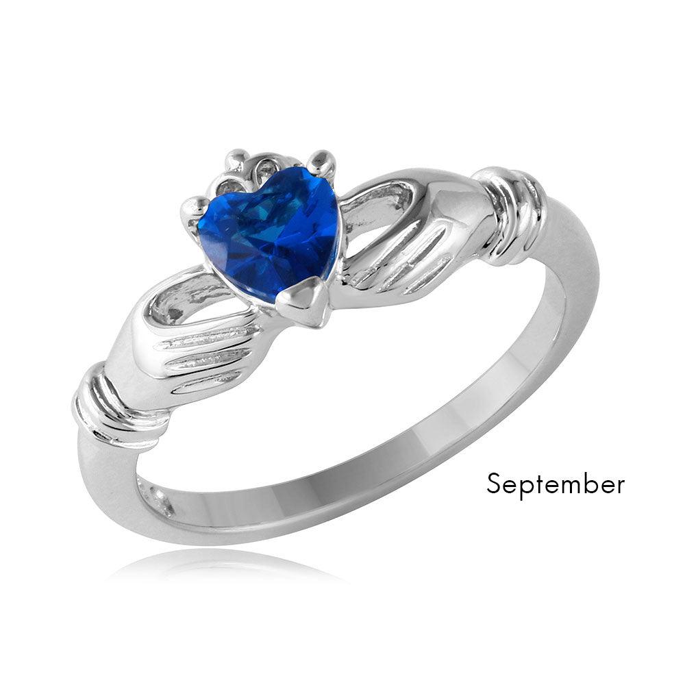 September Sterling 925 Silver Rhodium Plated CZ Center Birthstone Claddagh Ring - BGR01083SEP