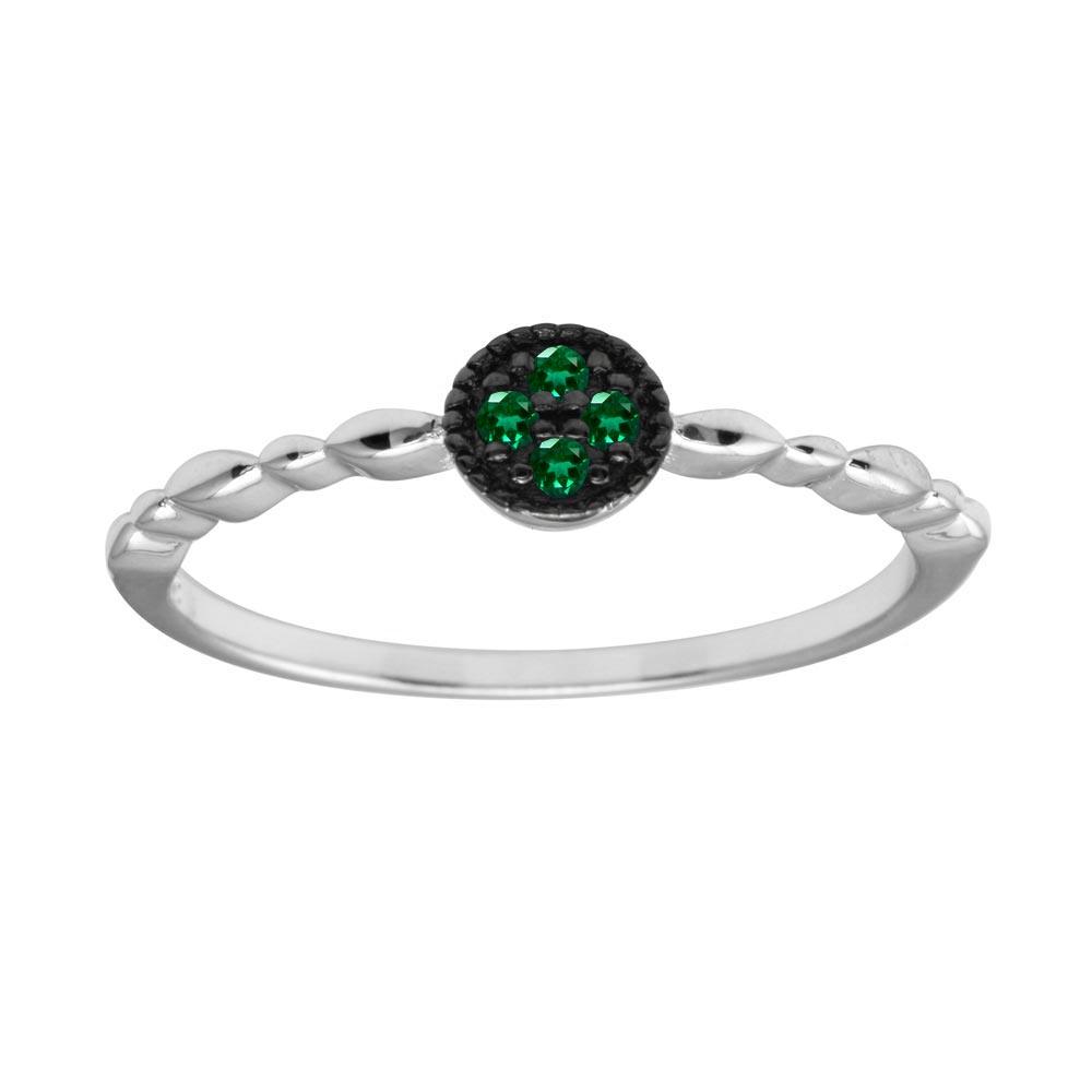 Rhodium Plated 925 Sterling Silver Round Shape 4 Green CZ Ring - BGR01228GRN