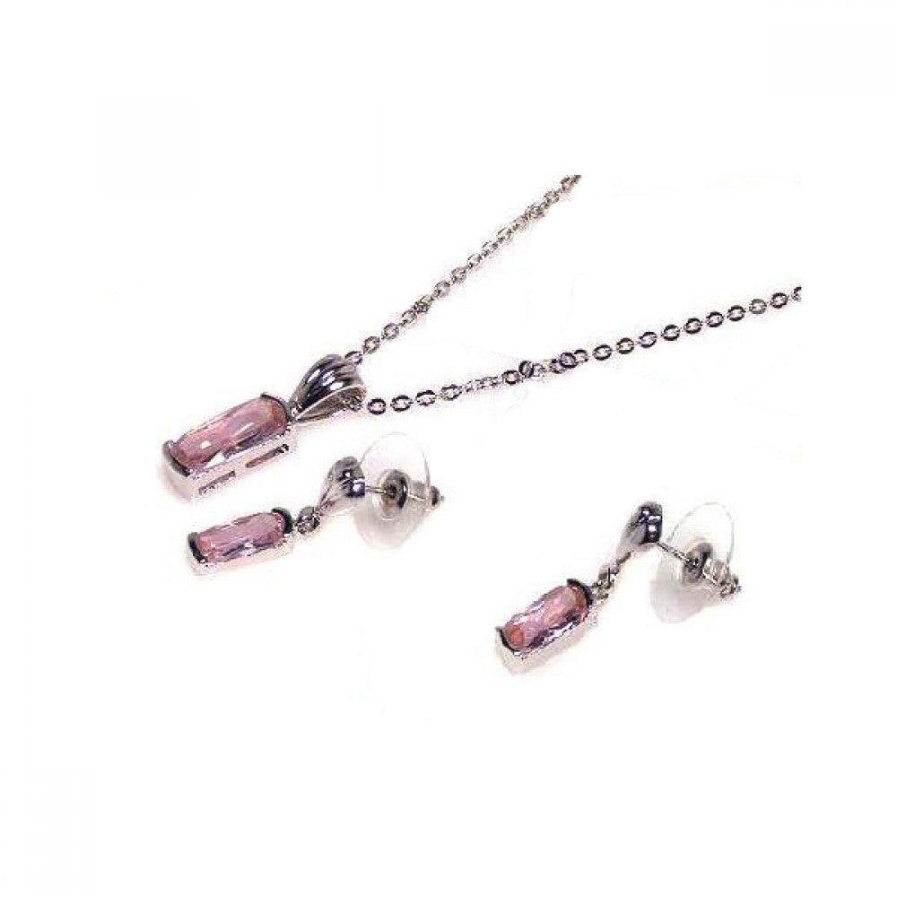 Silver 925 Rhodium Plated Pink Baguette CZ Dangling Set - BGS00007PNK