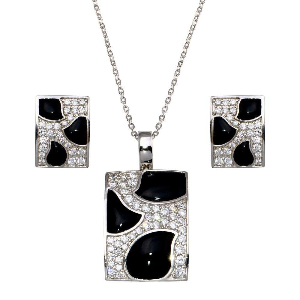 Closeout-Silver 925 Rhodium Plated Square Black Onyx Pave Set Clear CZ Stud Earring and Dangling Necklace Set - BGS00076