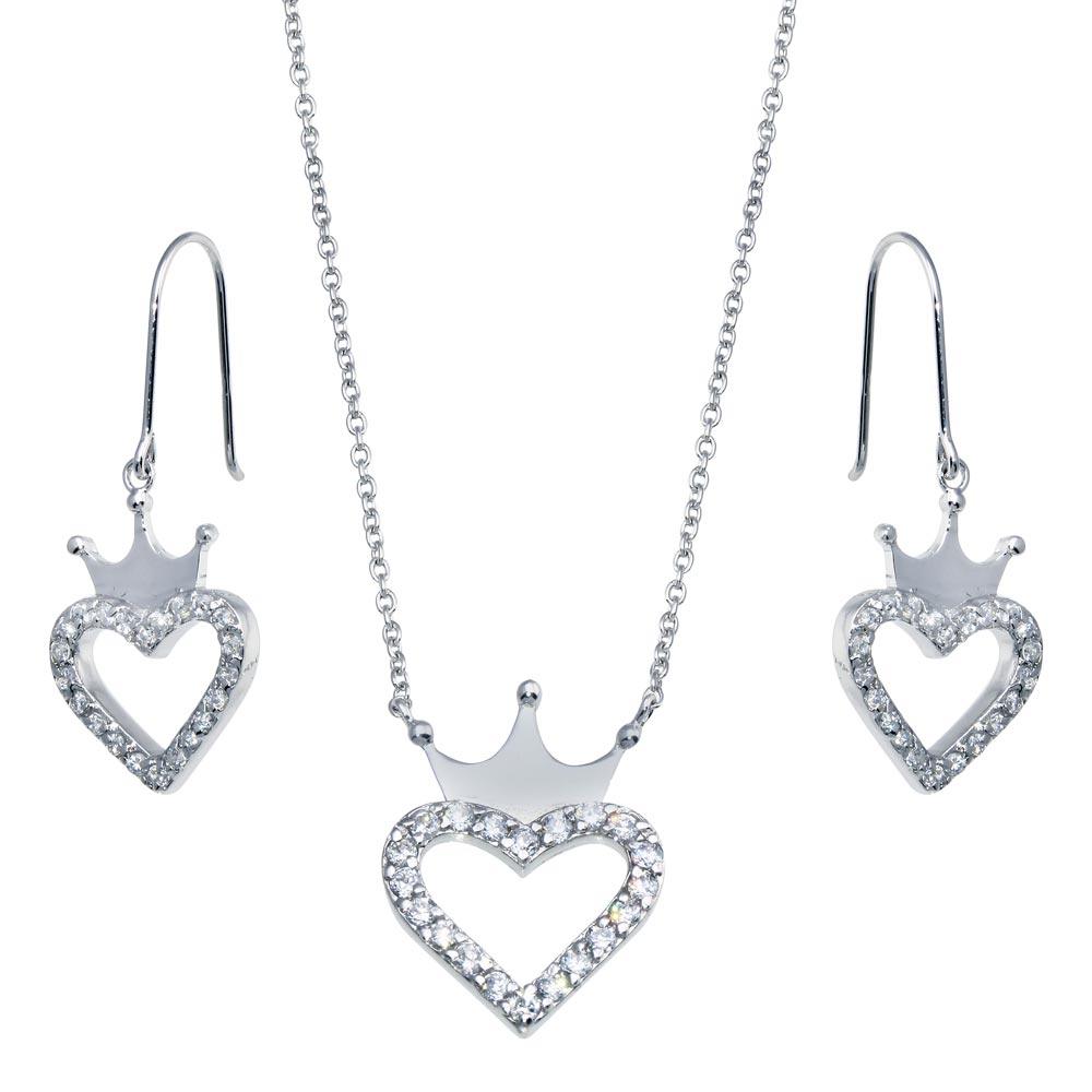 Closeout-Silver 925 Rhodium Plated Clear Open Heart and Crown CZ Hook Earring and Necklace Set - BGS00009