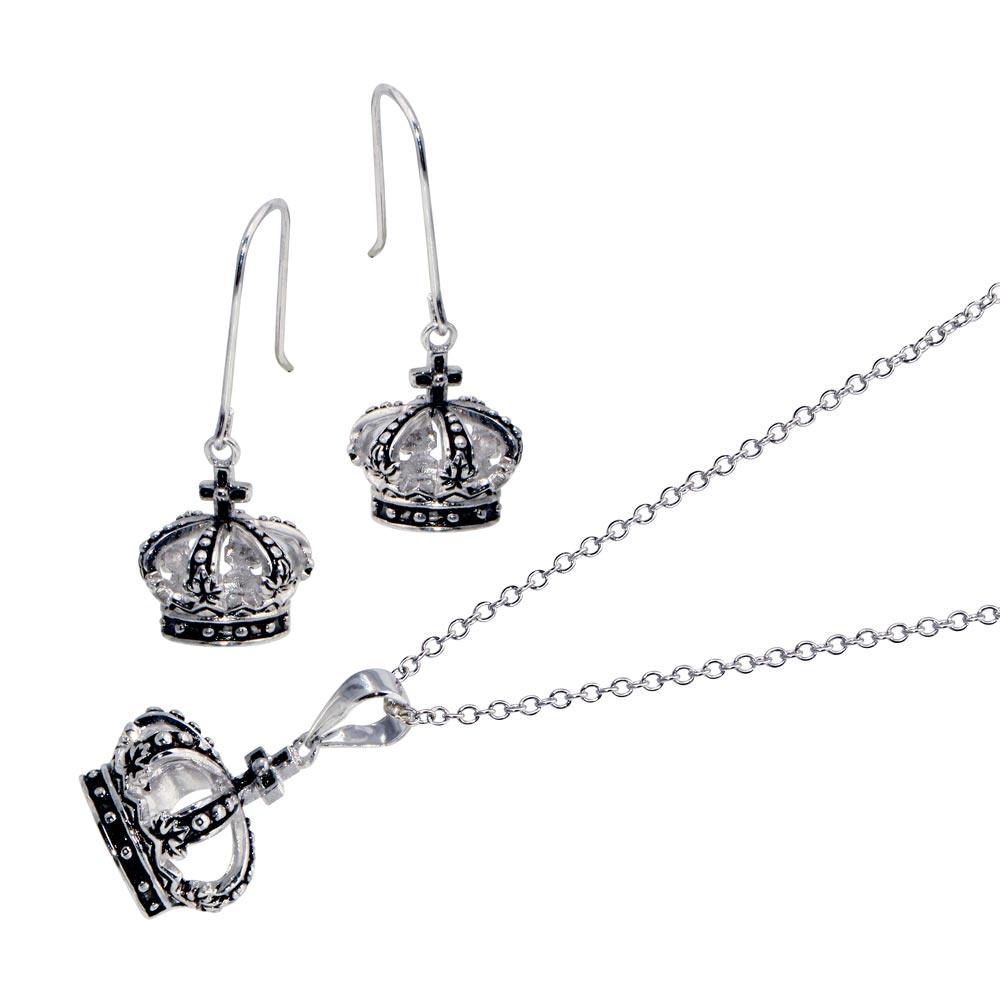 Closeout-Silver 925 Oxidized Rhodium Plated Crown Hook Earring and Dangling Necklace Set - BGS00010