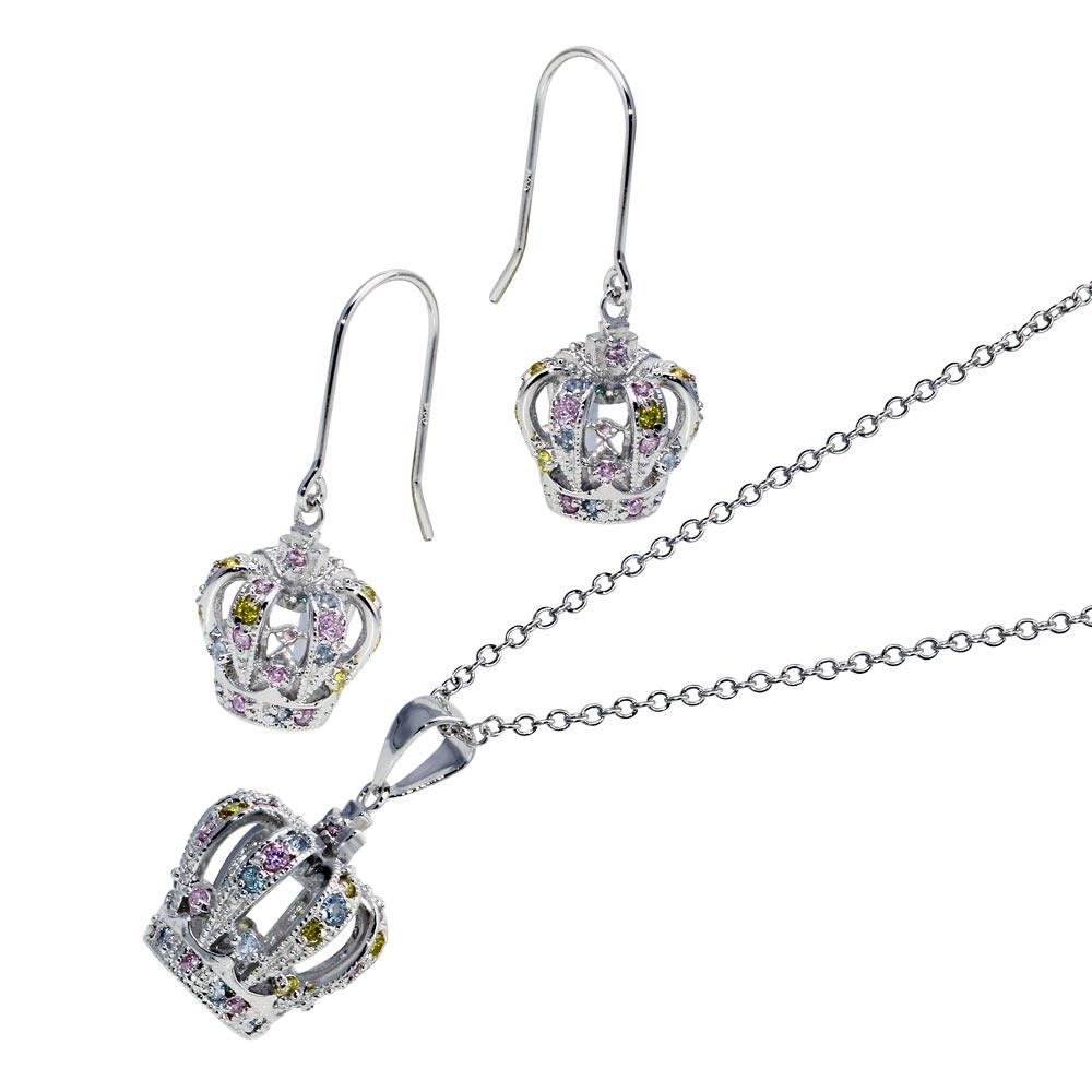 Closeout-Silver 925 Rhodium Plated Multi Colored Crown CZ Hook Earring and Dangling Necklace Set - BGS00014