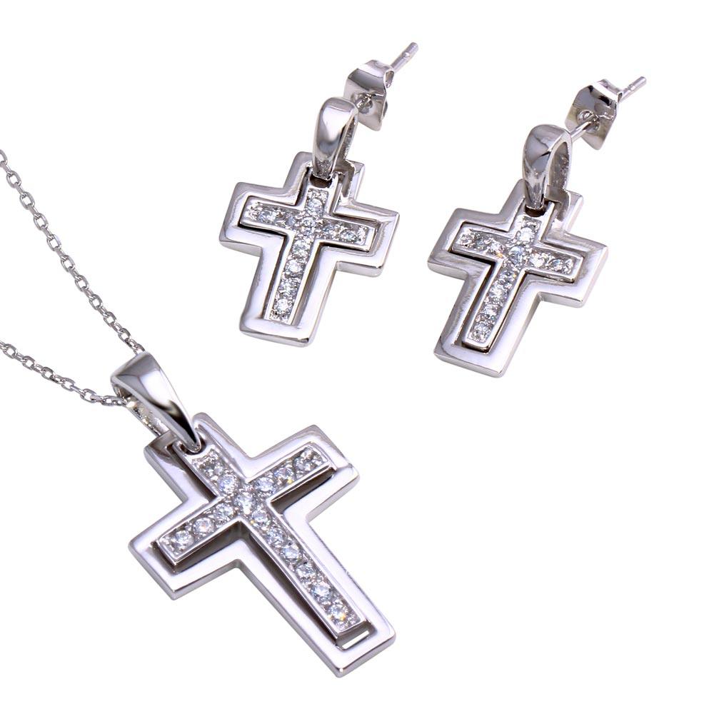 Silver 925 Rhodium Plated Clear Inlay Cross CZ Dangling Stud Earring and Dangling Necklace Set - BGS00025