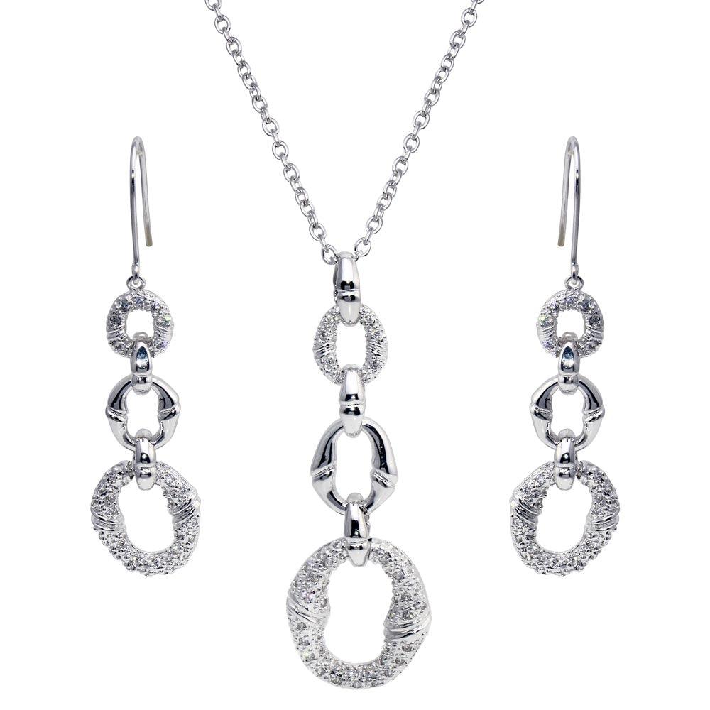 Closeout-Silver 925 Rhodium Plated Micro Pave Clear Open Circle CZ Hook Earring and Dangling Necklace Set - BGS00030