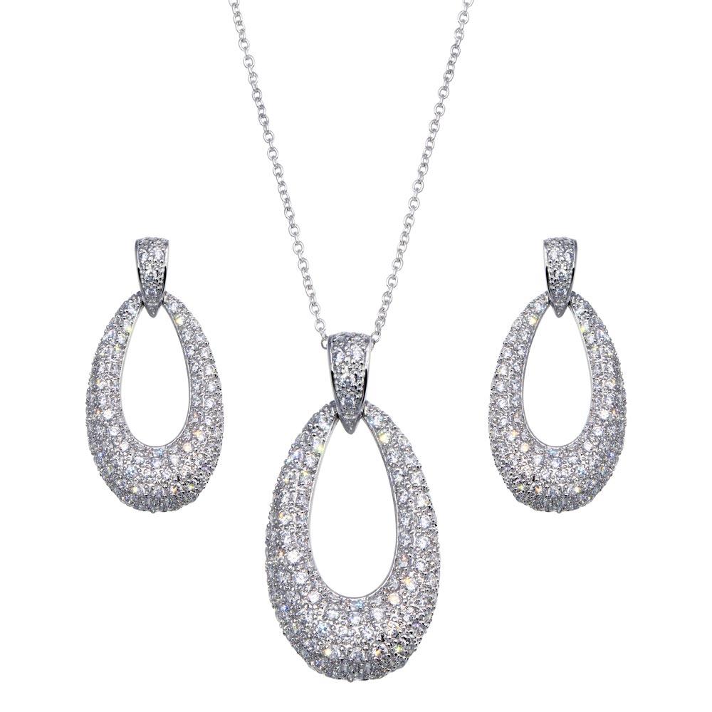 Closeout-Silver 925 Rhodium Plated Open Oval Clear CZ Dangling Stud Earring and Necklace Set - BGS00042