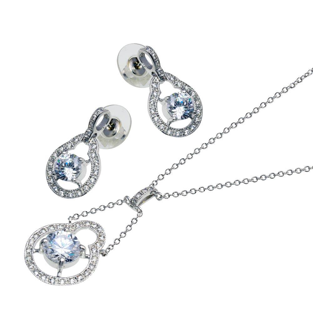 Closeout-Silver 925 Rhodium Plated Round Circle Open Clear Center CZ Dangling Stud Earring and Dangling Necklace Set - BGS00043