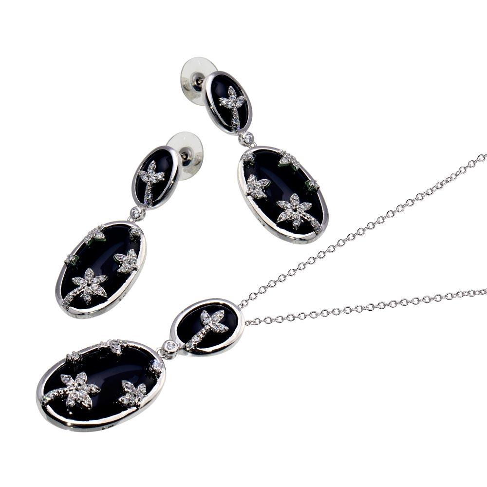 Closeout-Silver 925 Oval Onyx Clear CZ Flowers Dangling Stud Earring and Dangling Necklace Set - BGS00048