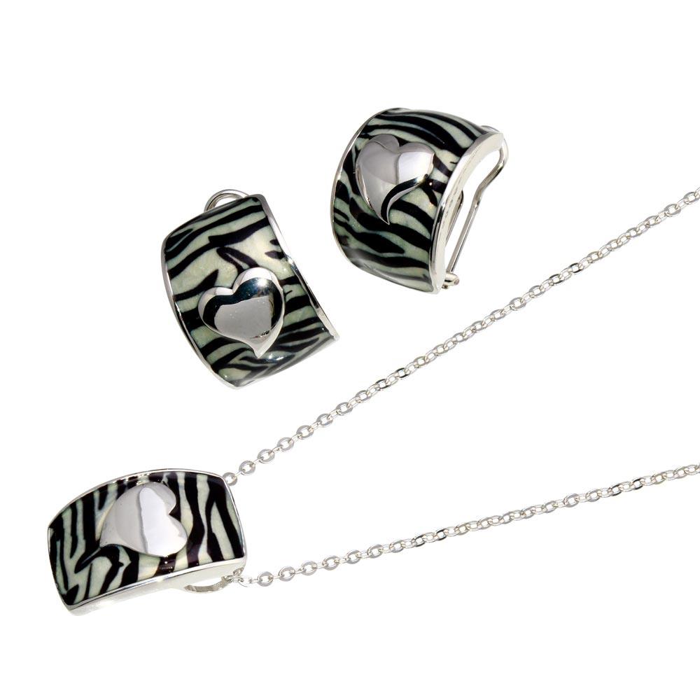 Closeout-Silver 925 Rhodium Plated Zebra Stripe Print Enamel Heart French Clip Earring and Necklace Set - BGS00061