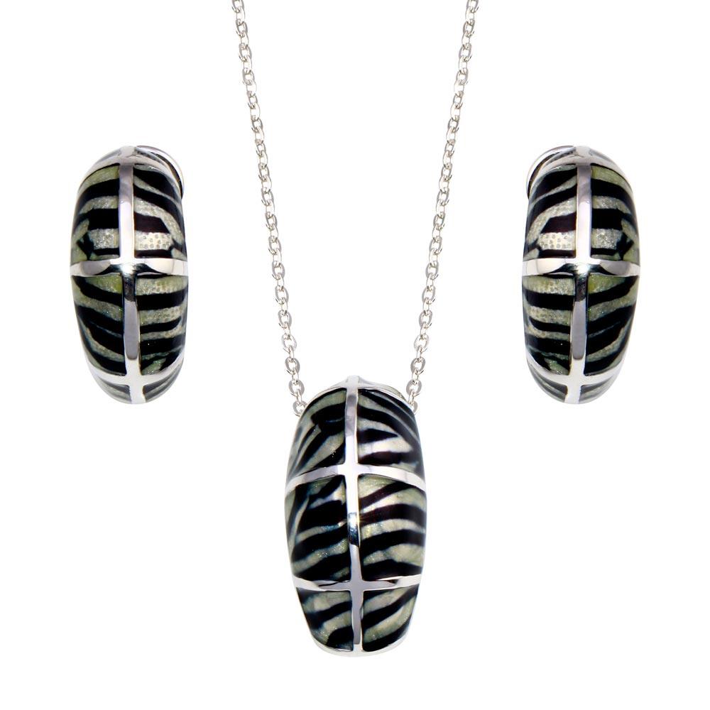 Closeout-Silver 925 Rhodium Plated Black Zebra Stripe Print French Clip Earring and Necklace Set - BGS00064