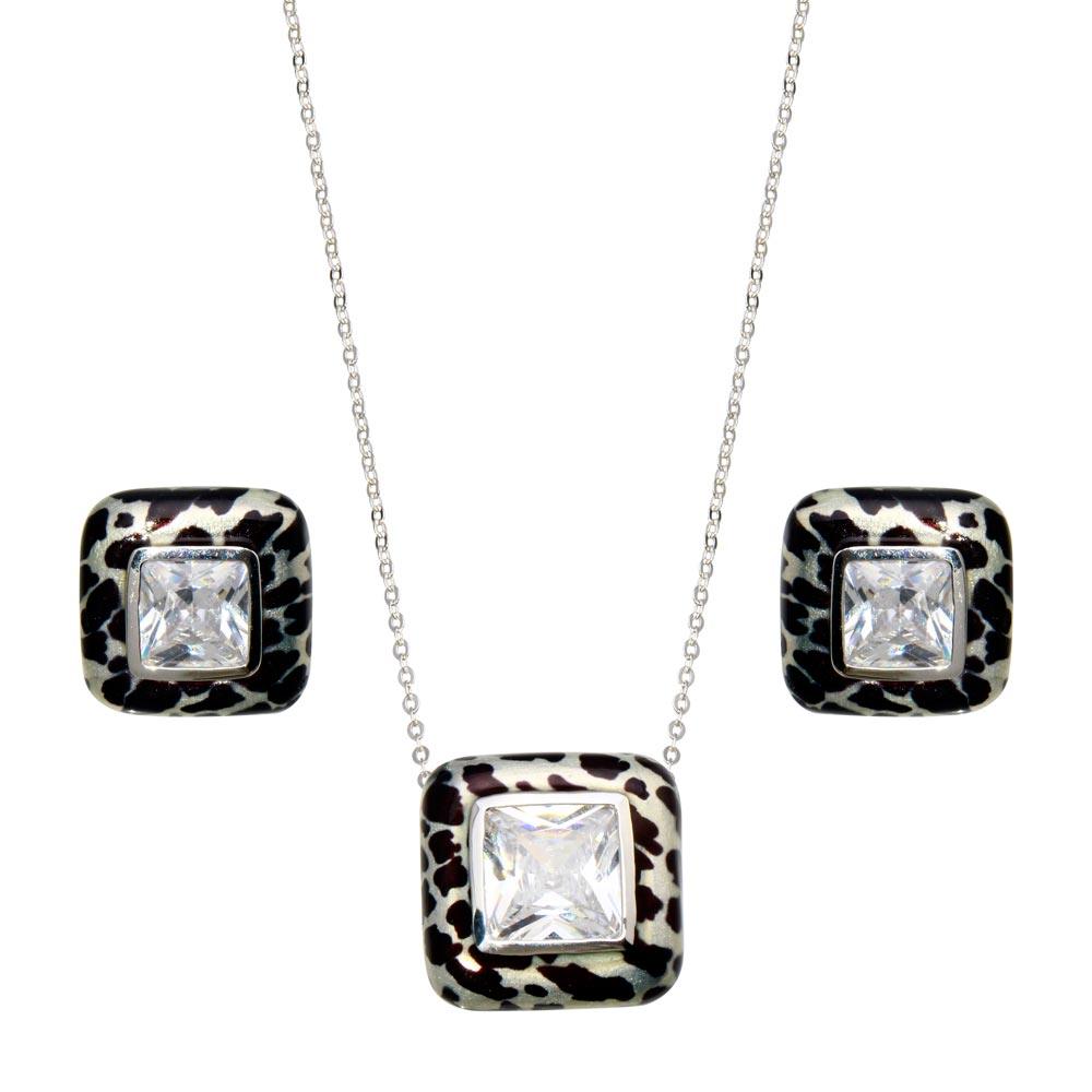 Closeout-Silver 925 Rhodium Plated Square Leopard Print Clear CZ Stud Earring and Necklace Set - BGS00073