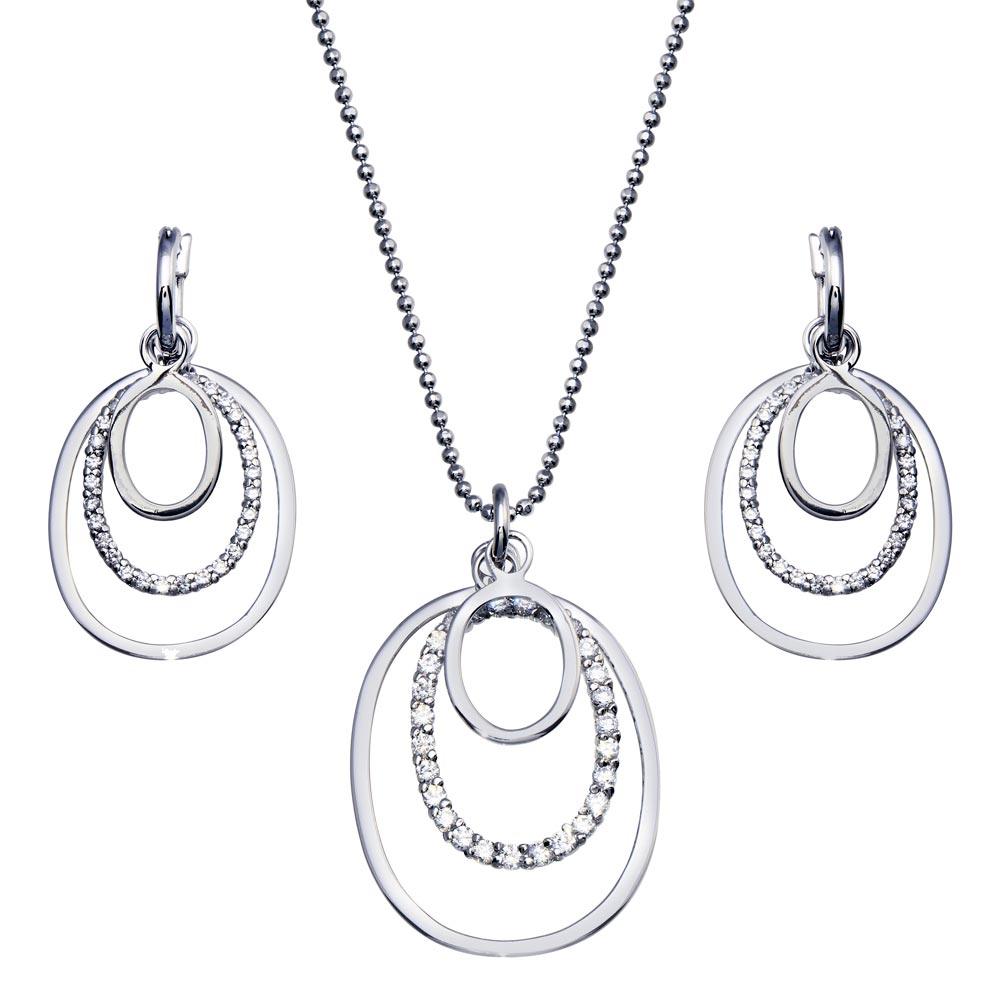 Closeout-Silver 925 Rhodium Plated Clear Open Multi Layer Oval CZ Dangling Stud Earring and Dangling Necklace Set - BGS00078