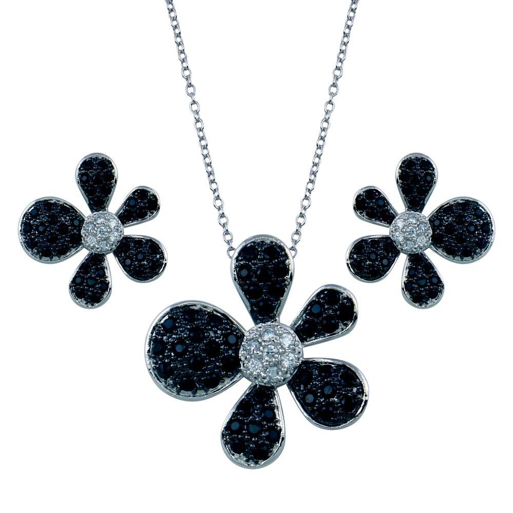 Rhodium and Black Rhodium Plated 925 Sterling Silver  Black and Clear Pave Flower CZ Set - BGS00079