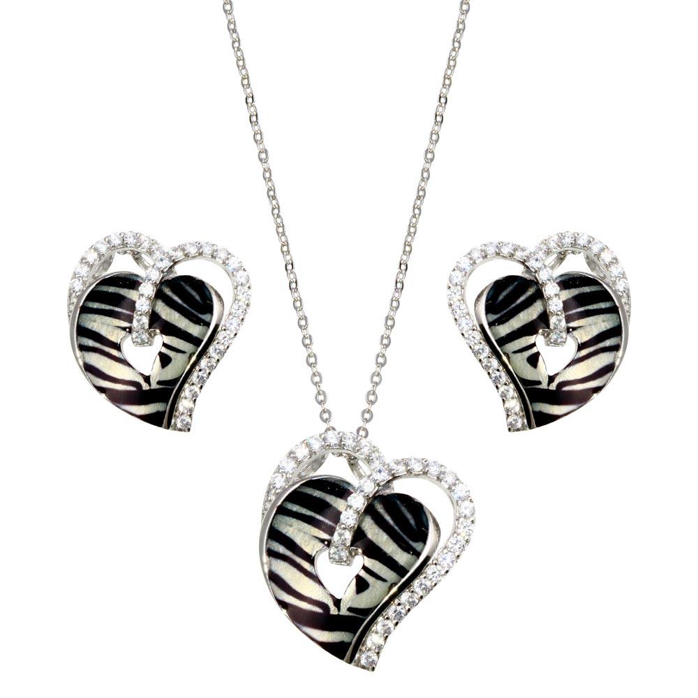 Closeout-Silver 925 Rhodium Plated Zebra Stripe Print Heart Clear CZ Stud Earring and Necklace Set - BGS00082