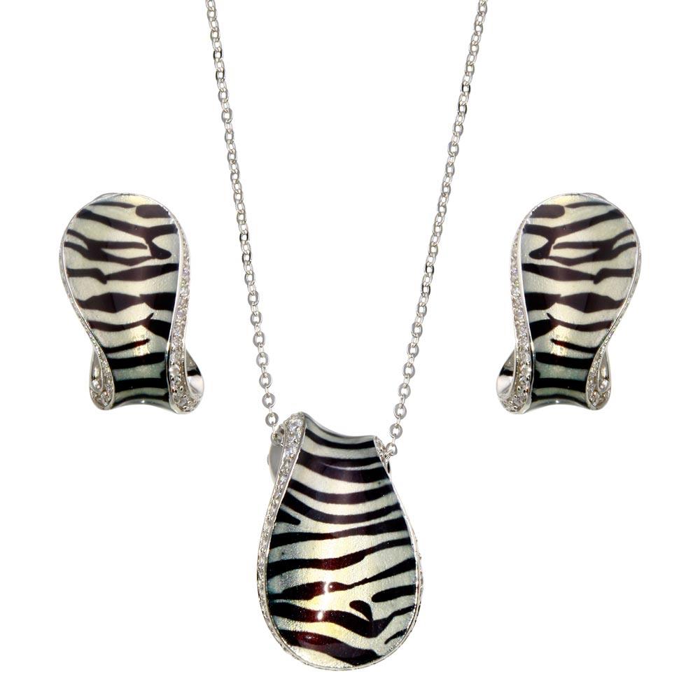 Closeout-Silver 925 Rhodium Plated Zebra Stripe Print Folded Clear CZ Stud Earring and Necklace Set - BGS00084