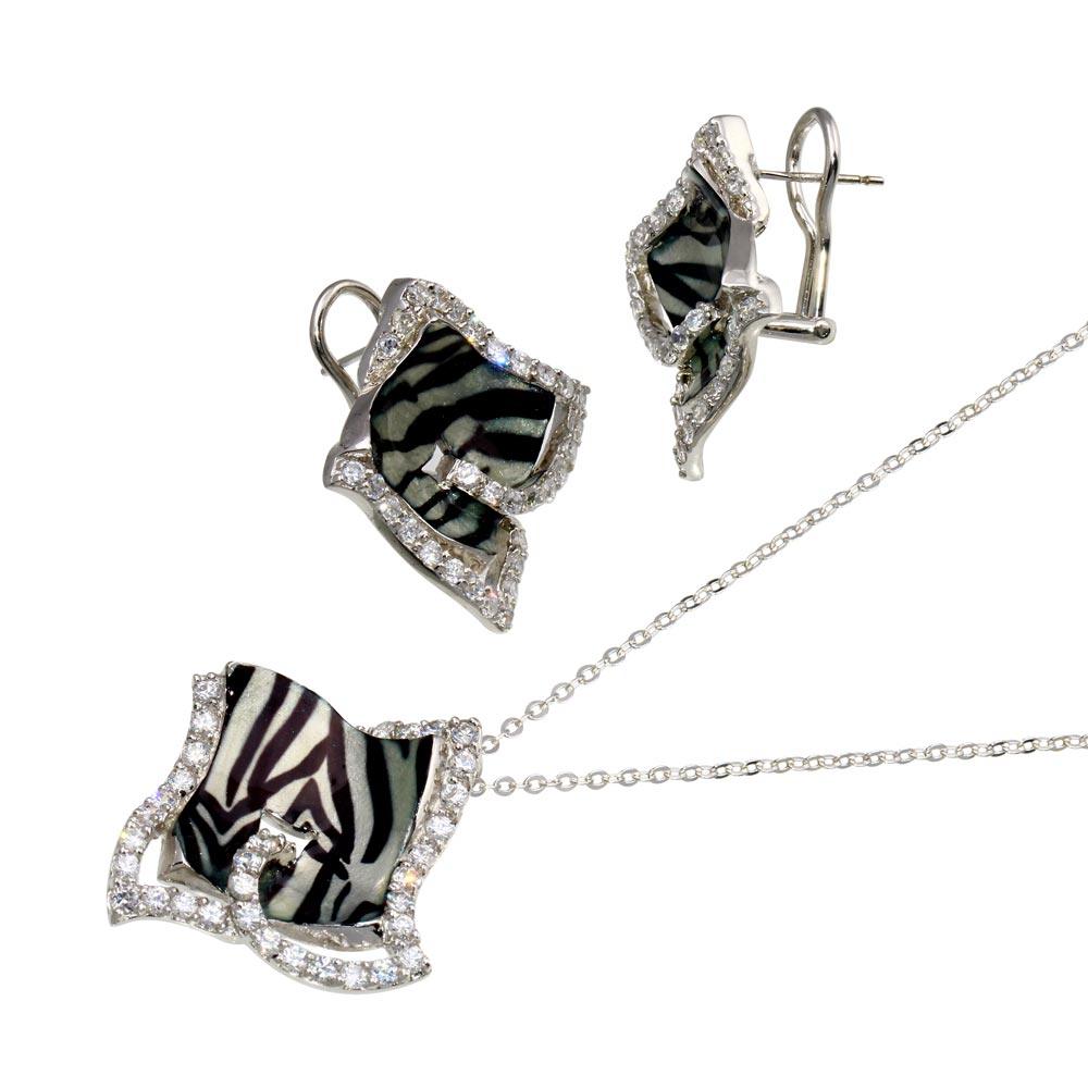 Closeout-Silver 925 Rhodium Plated Zebra Stripe Print Square Clear CZ French Clip Earring and Necklace Set - BGS00086