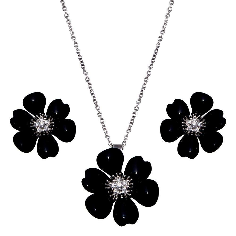 Closeout-Silver 925 Rhodium Plated Black Onyx Flower Clear CZ Stud Earring and Necklace Set - BGS00097