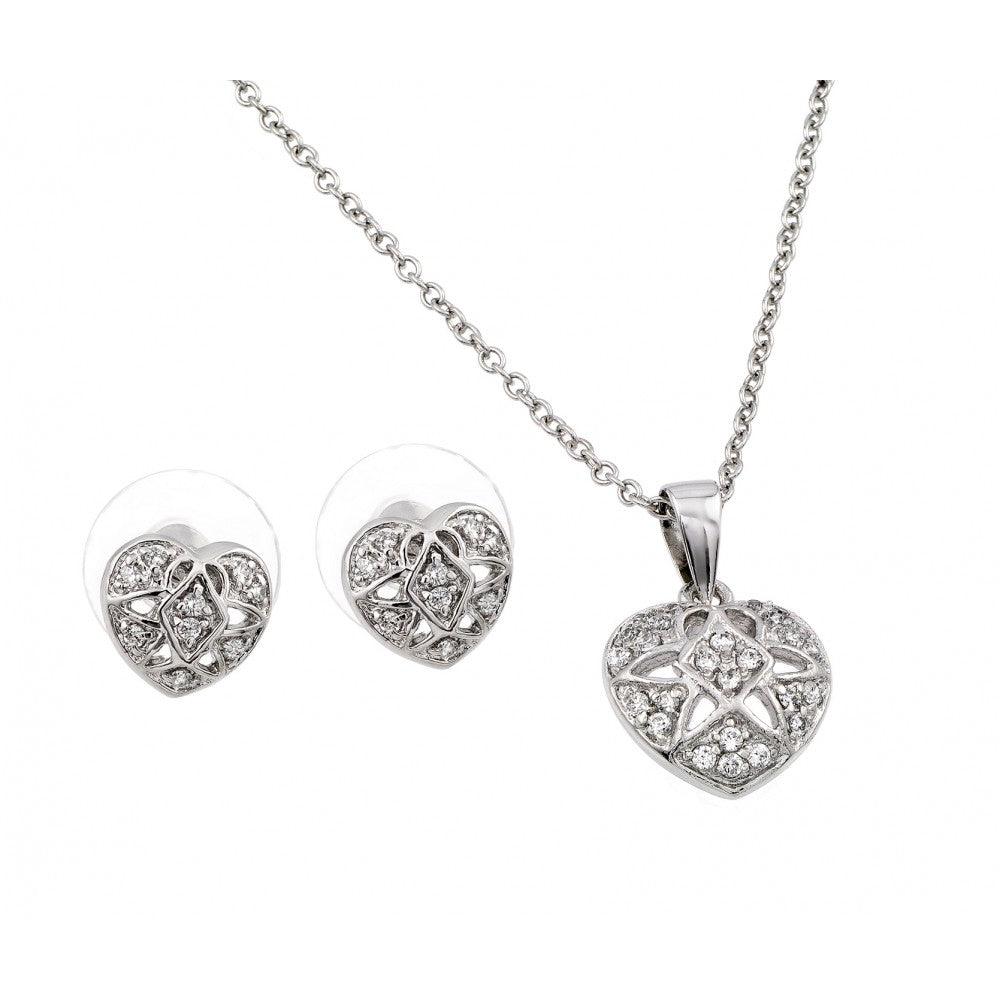 Silver 925 Rhodium Plated Clear Heart Flower Pave Set CZ Stud Earring and Necklace Set - BGS00099