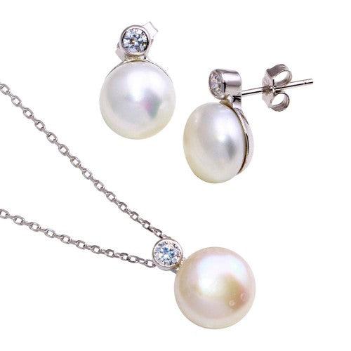 Silver 925 Rhodium Plated Fresh Water Pearl Clear CZ Set - BGS00102