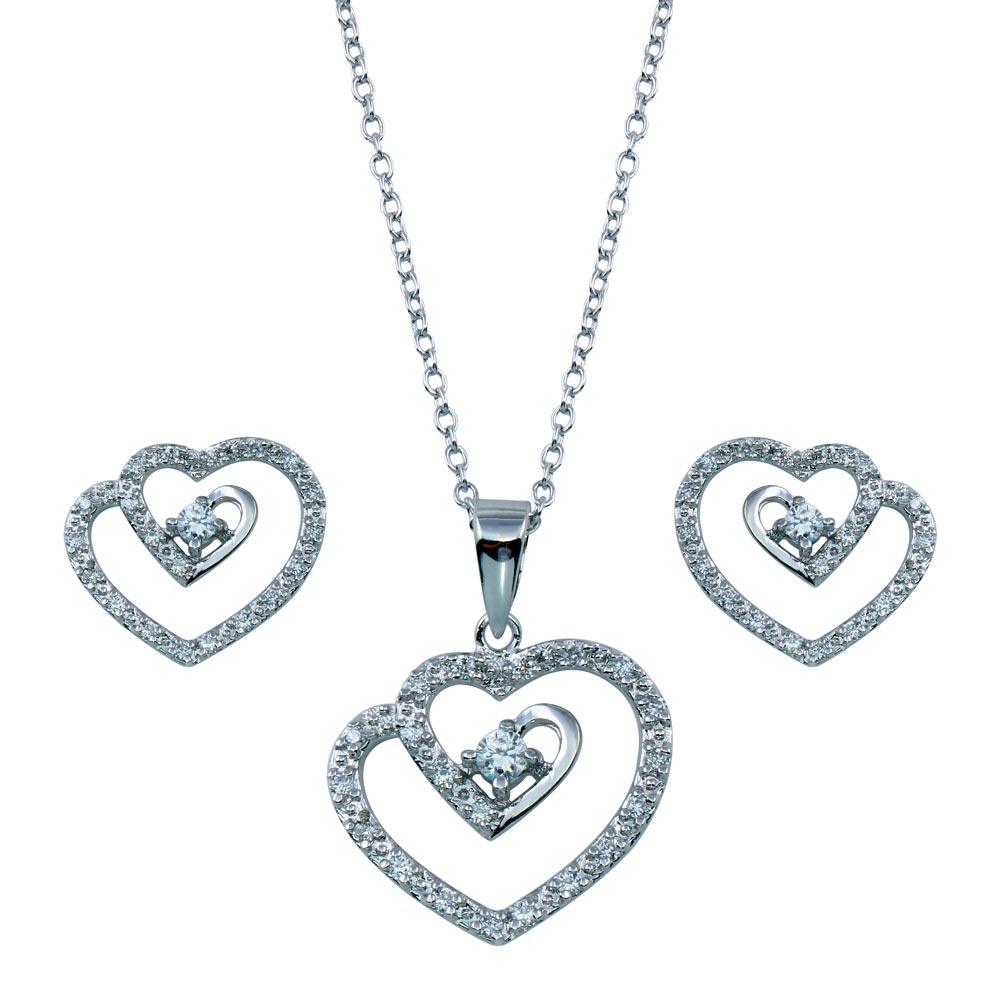 Rhodium Plated 925 Sterling Silver Swirl Open Heart Clear CZ Dangling Matching Set - BGS00106