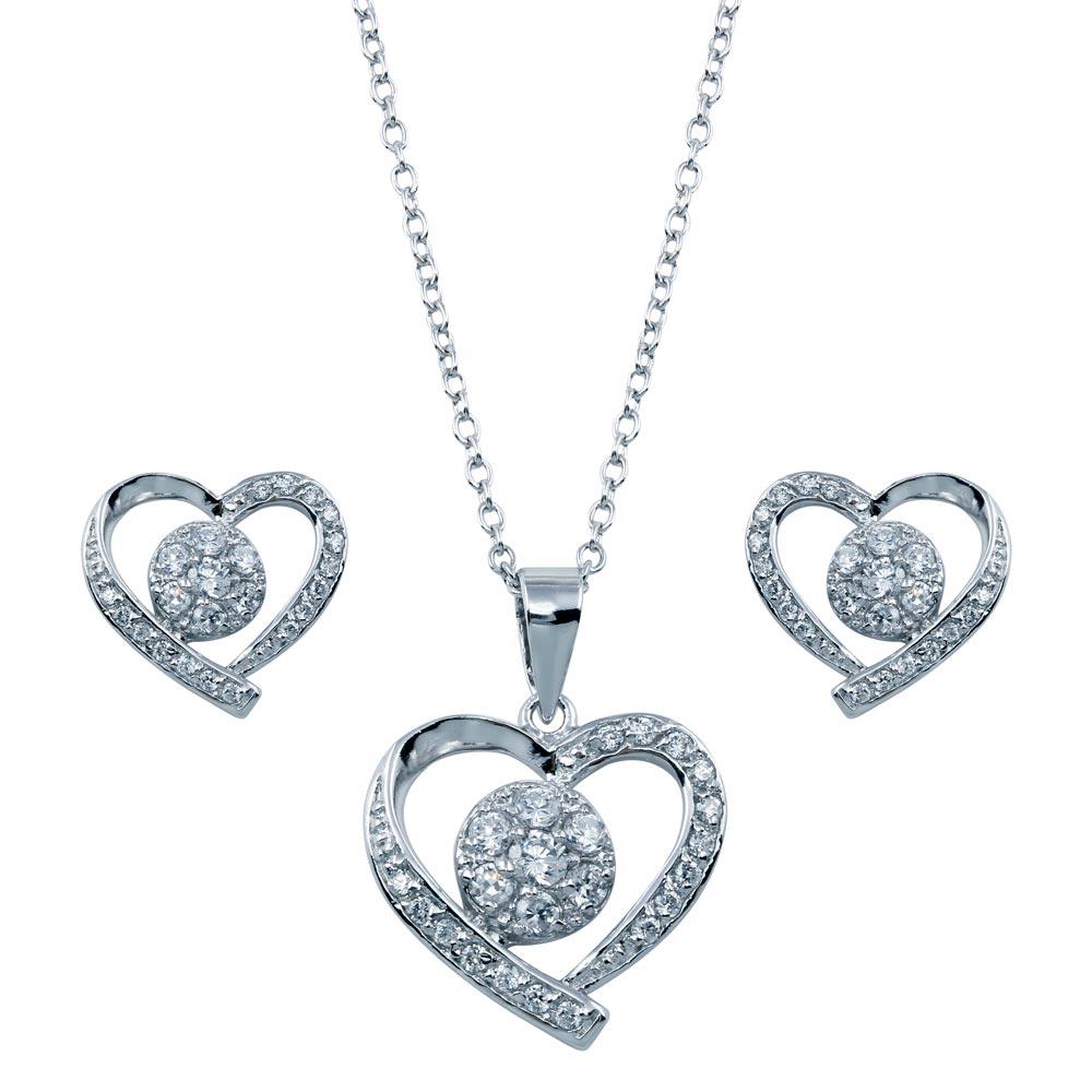 Rhodium Plated 925 Sterling Silver Open Heart Clear Outline CZ Matching Set - BGS00107