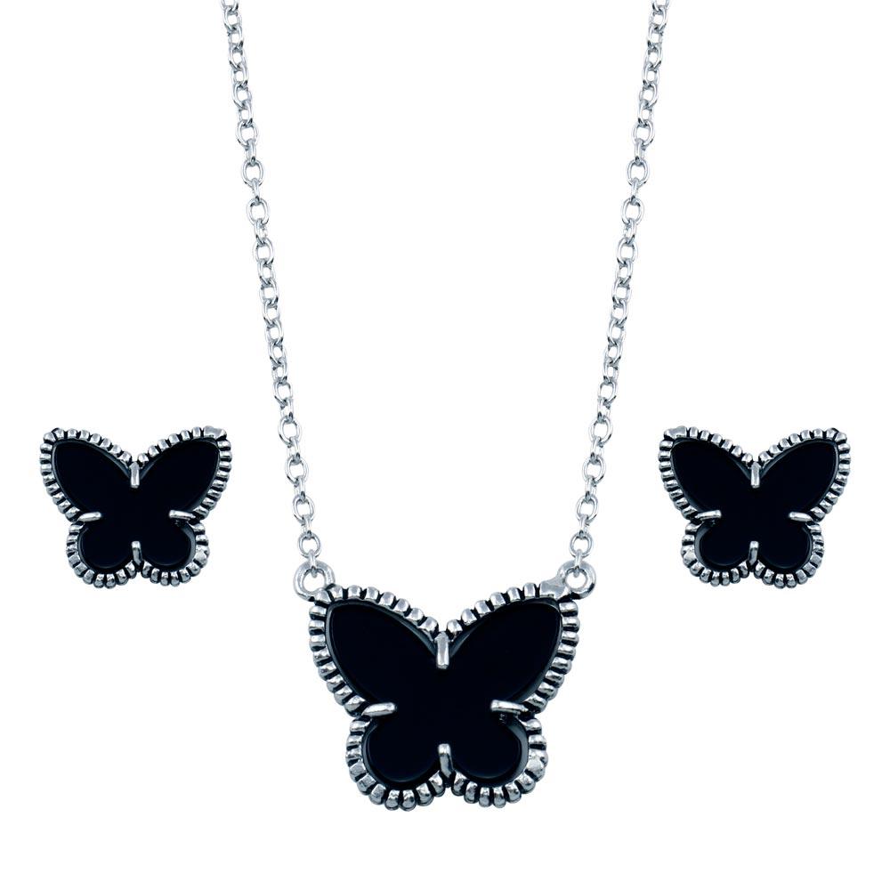 Rhodium Plated 925 Sterling Silver Black Onyx Mini Butterfly Matching Set - BGS00111