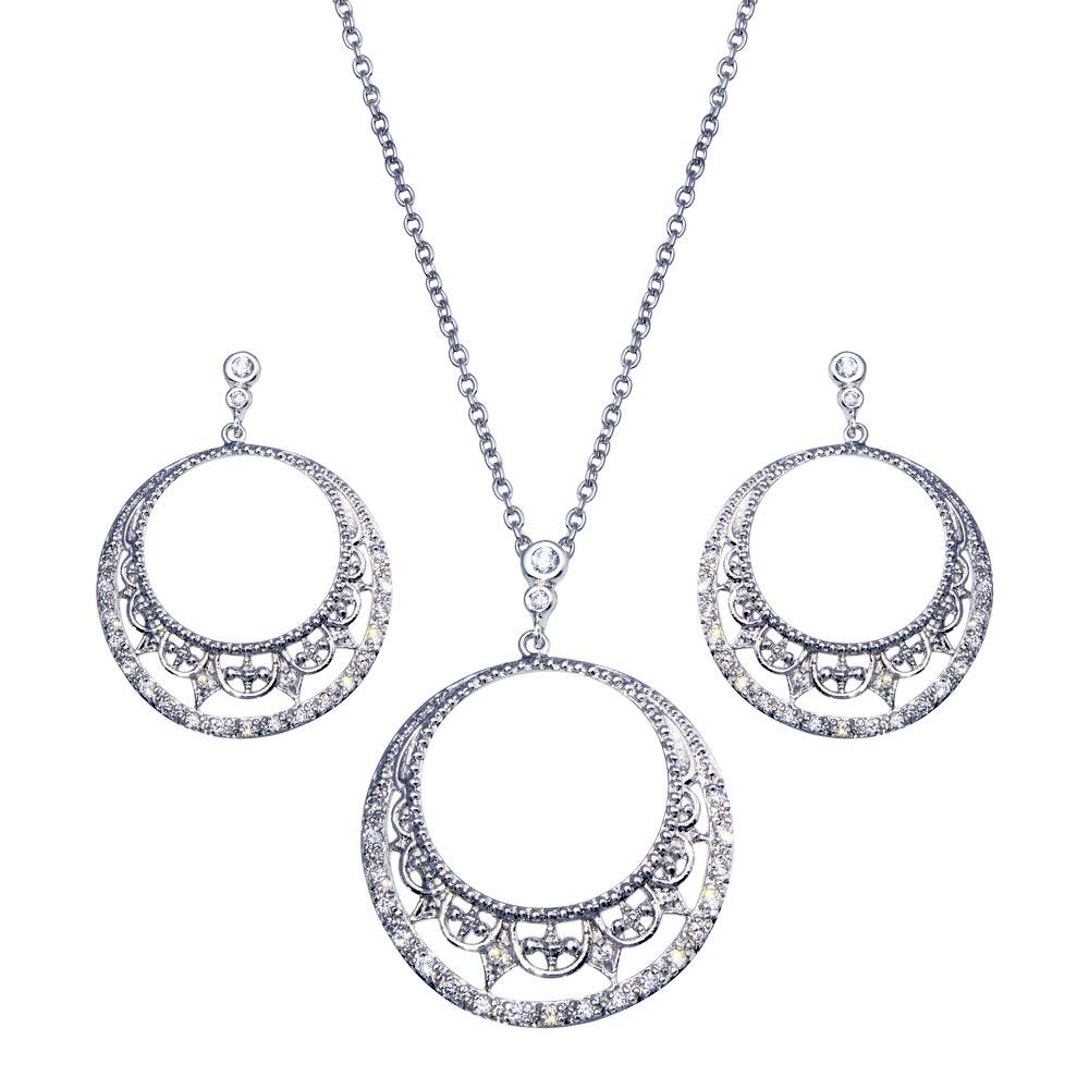 Closeout-Silver 925 Rhodium Plated Open Circle Crescent Clear CZ Dangling Set - BGS00117