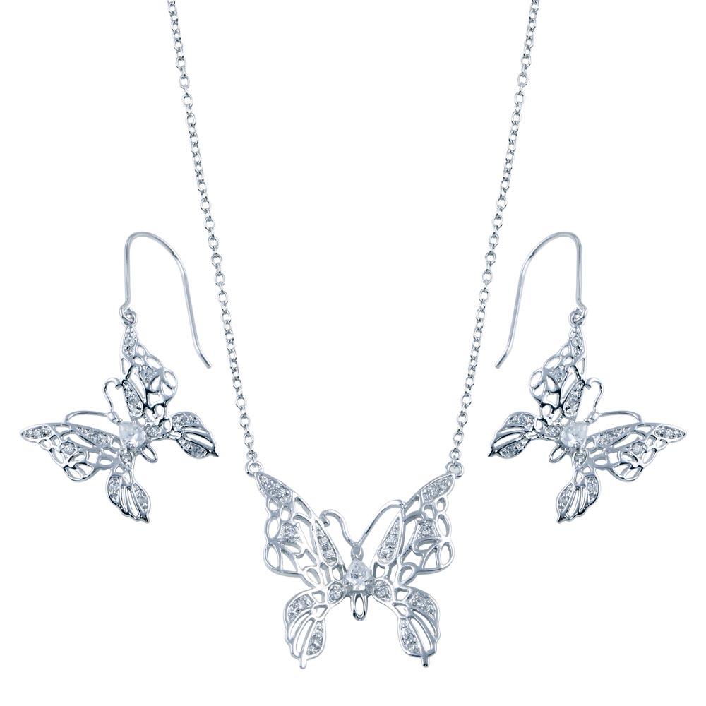 Rhodium Plated 925 Sterling Silver Clear Filigree Butterfly CZ Hook Set - BGS00131