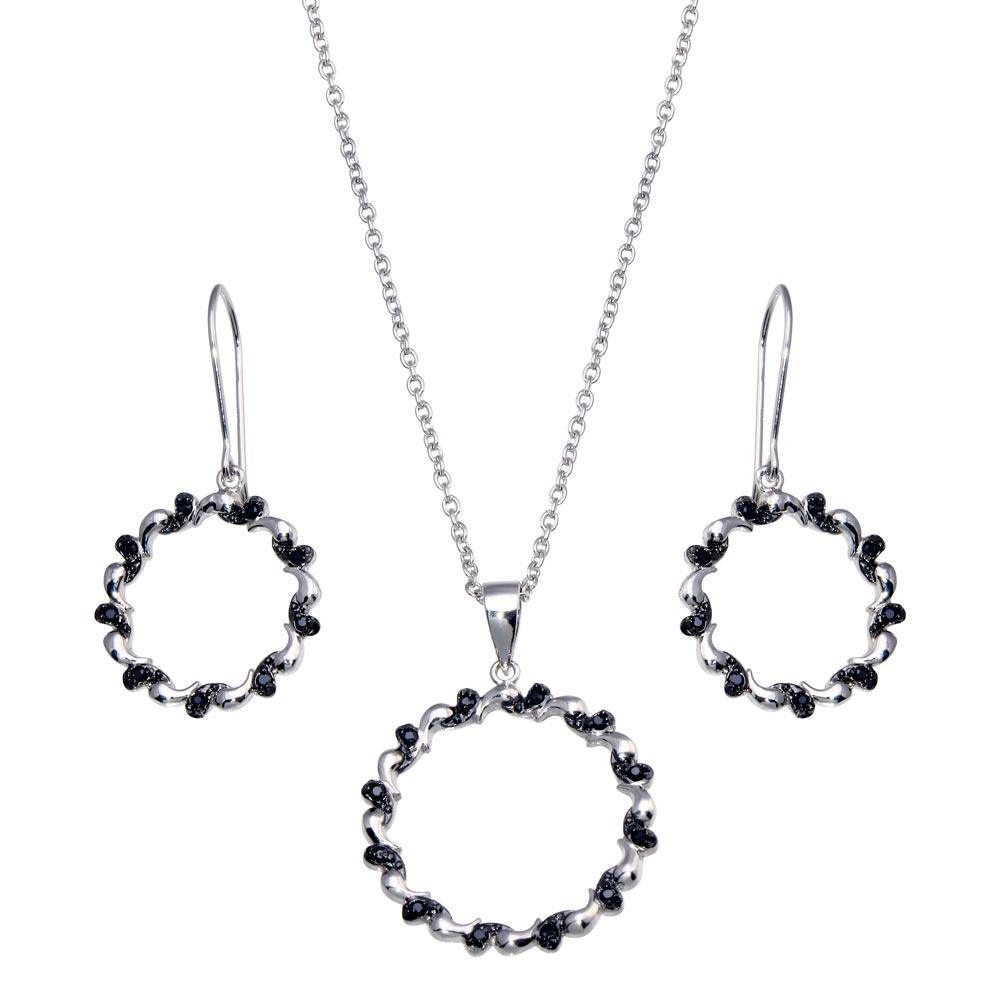 Closeout-Silver 925 Rhodium and Black Rhodium Plated Open Spiral Circle Black CZ Hook Earring and Necklace Set - BGS00135