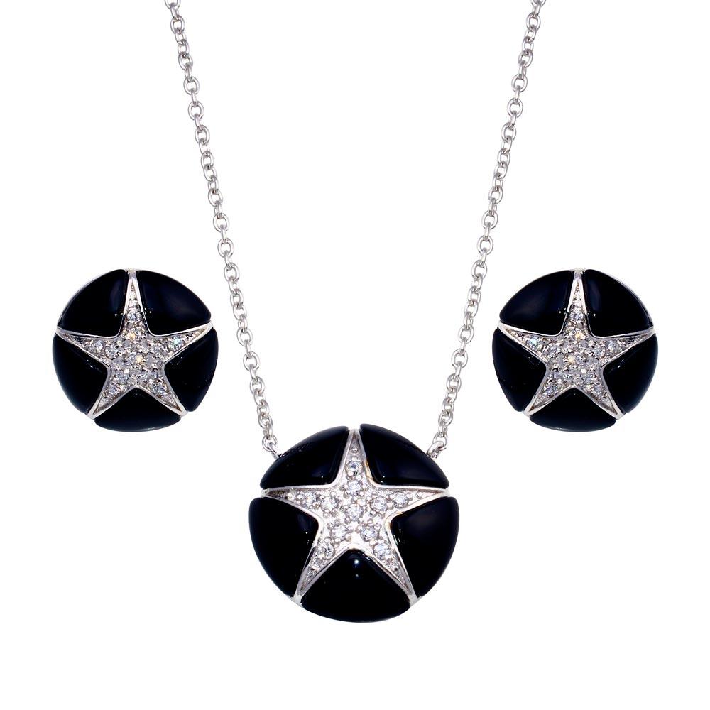 Closeout-Silver 925 Rhodium Plated Black Onyx Clear Star CZ Stud Earring and Necklace Set - BGS00142