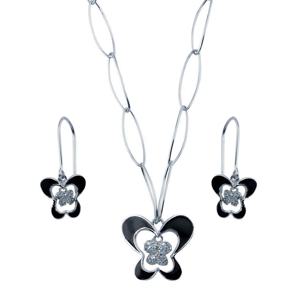 Rhodium Plated 925 Sterling Silver Black Enamel Butterfly Clear CZ Hook Set - BGS00144